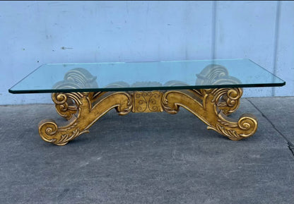 Vintage Rectangular Glass Top Coffee Table with Carved Wood Base Baroque Style