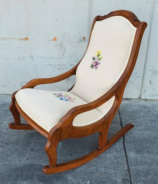 Antique /vintage rocking chair floral white/cream cushion