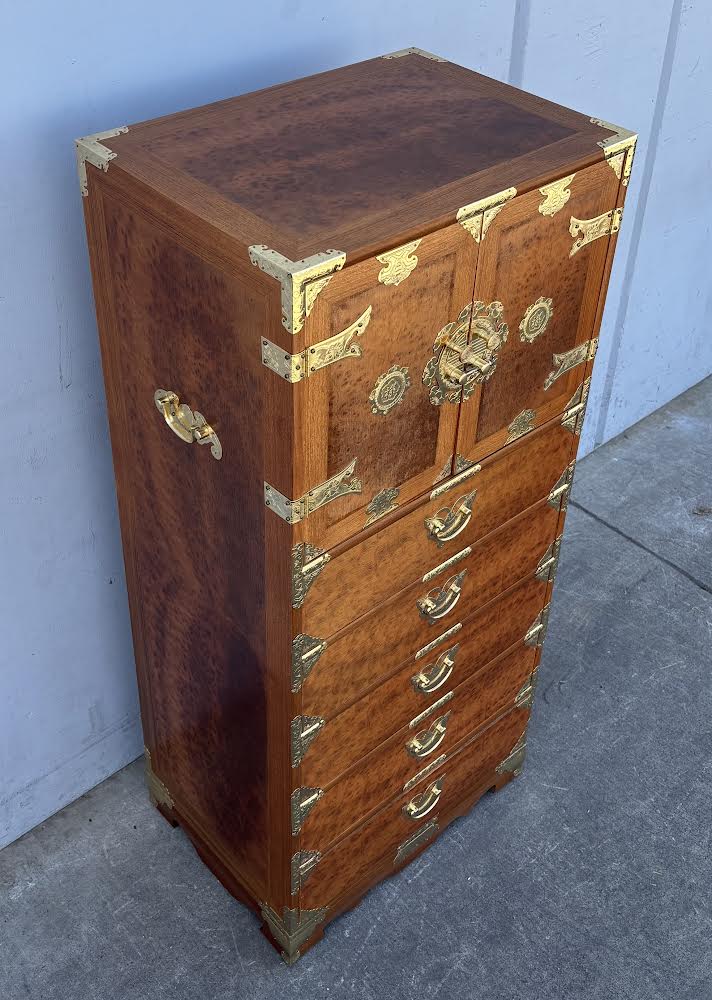Large Vintage Korean Burl Wood Chinoiserie Tall Narrow Cabinet