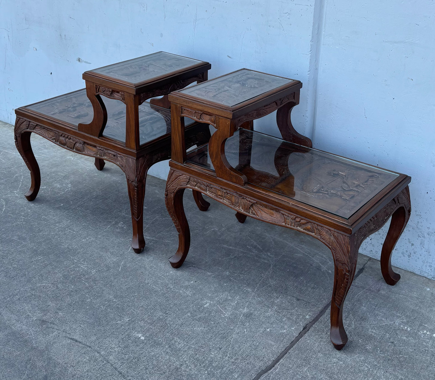 Matching Vintage Asian Carved Wooden Side Tables End Tables