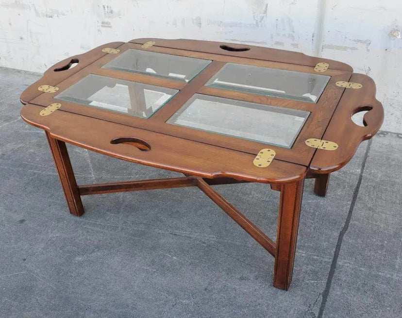 Coffee table glass top dark wood folding sides