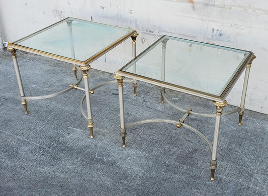vintage/midcentury maison jansen style brass/sliver glass top end/side tables (2)
