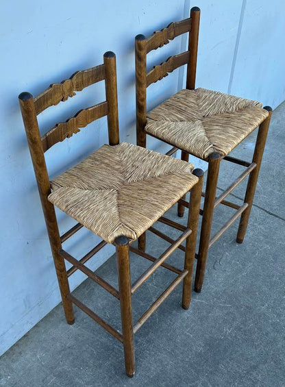 2 Vintage Bow Wooden Bar Ladder Chairs Stools