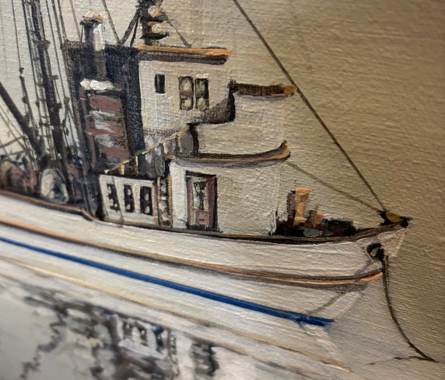 Bay fishing boats 1984 oil painting signed