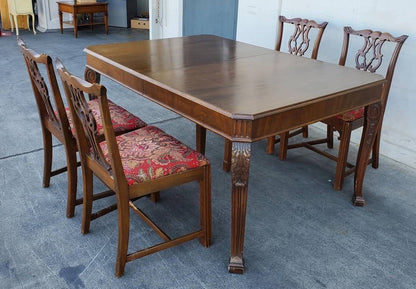 Antique/vintage dining table with 4 chippendale style chairs red floral cushions