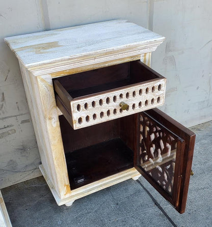 White/off white distressed nightstand/bedside table/cabinet carved wood