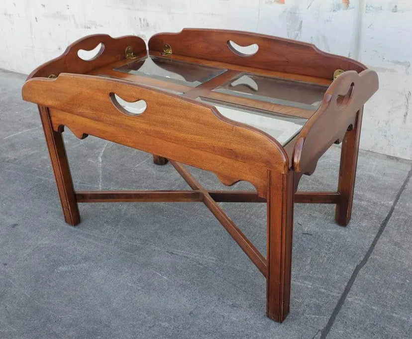Coffee table glass top dark wood folding sides