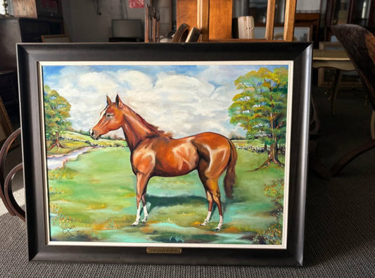 Vintage Race Horse Painting Oil on Canvas “California Chrome” Signed Framed 46x36 Framed