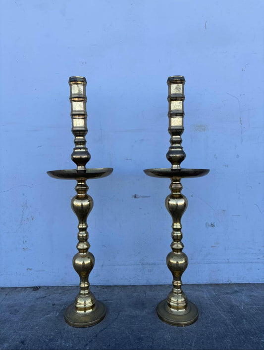 Vintage Huge Moroccan Turkish Alter Brass Floor Candle Holder Stand 39 1/2”