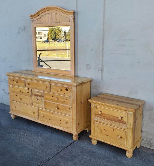 light wood/blonde dresser with mirror and nightstand