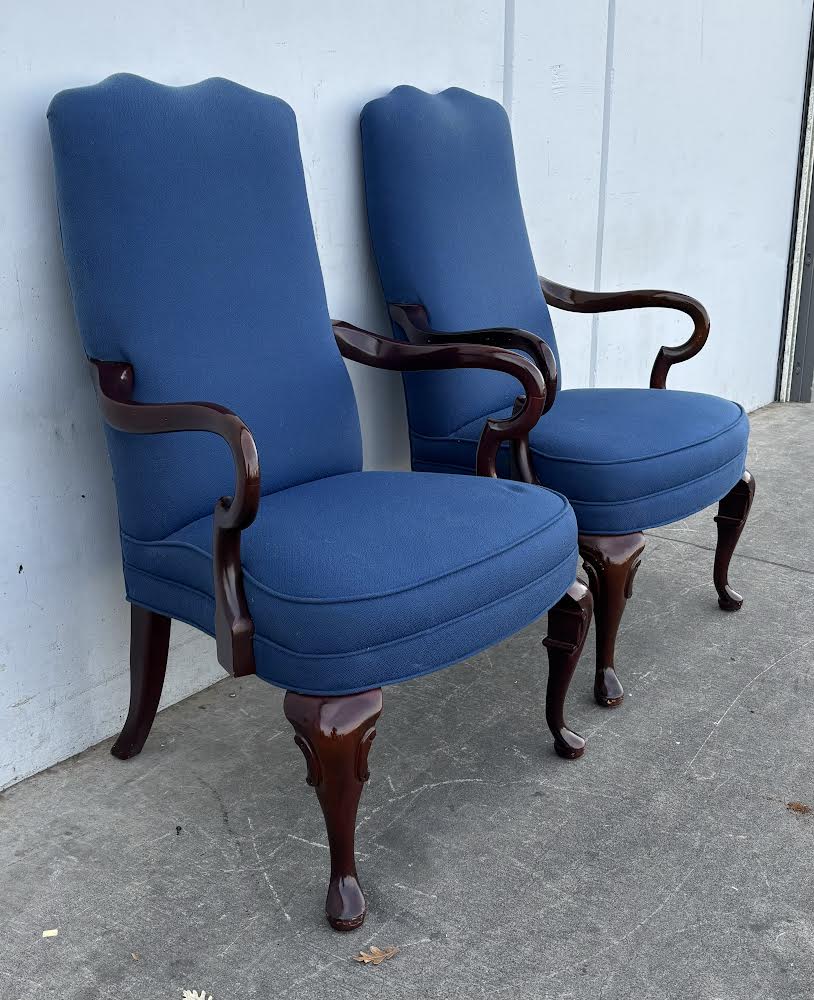 2 Navy Upholstered Gooseneck Armchairs