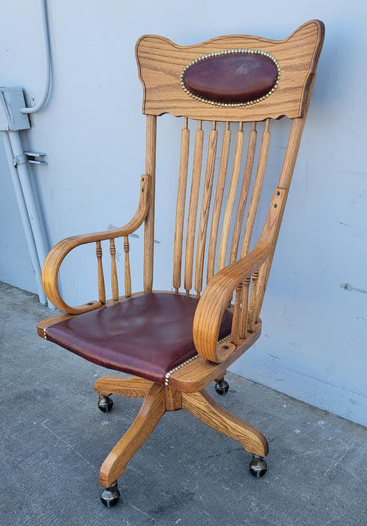 Vintage/antique swivel adjustable leather oak office armchair H.W. Hull & sons style