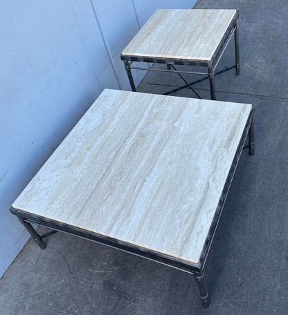 Matching Stone Top Wrought Iron Leg Side Tables Coffee Table