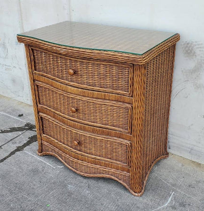 Wicker/rattan 3 drawer dresser glass top