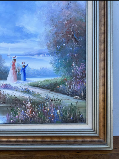 Vintage Signed Oil Painting Victorian Beach Scene