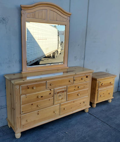 light wood/blonde dresser with mirror and nightstand