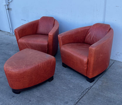 Red leather style Italian (2) club/ accent chairs and ottoman/ footrest