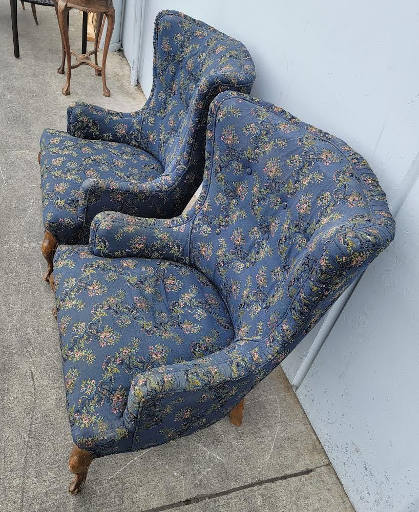 vintage/antique Queen Anne style wingback accent armchairs/chairs bergere blue floral (2)set