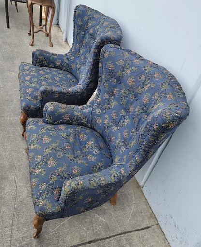 vintage/antique Queen Anne style wingback accent armchairs/chairs bergere blue floral (2)set