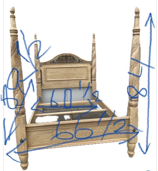 queen size 4 poster bed frame antique/ vintage light wood