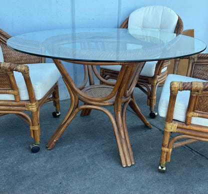 Dining set round glass table with 4 chairs on wheels and table cover rattan bamboo style