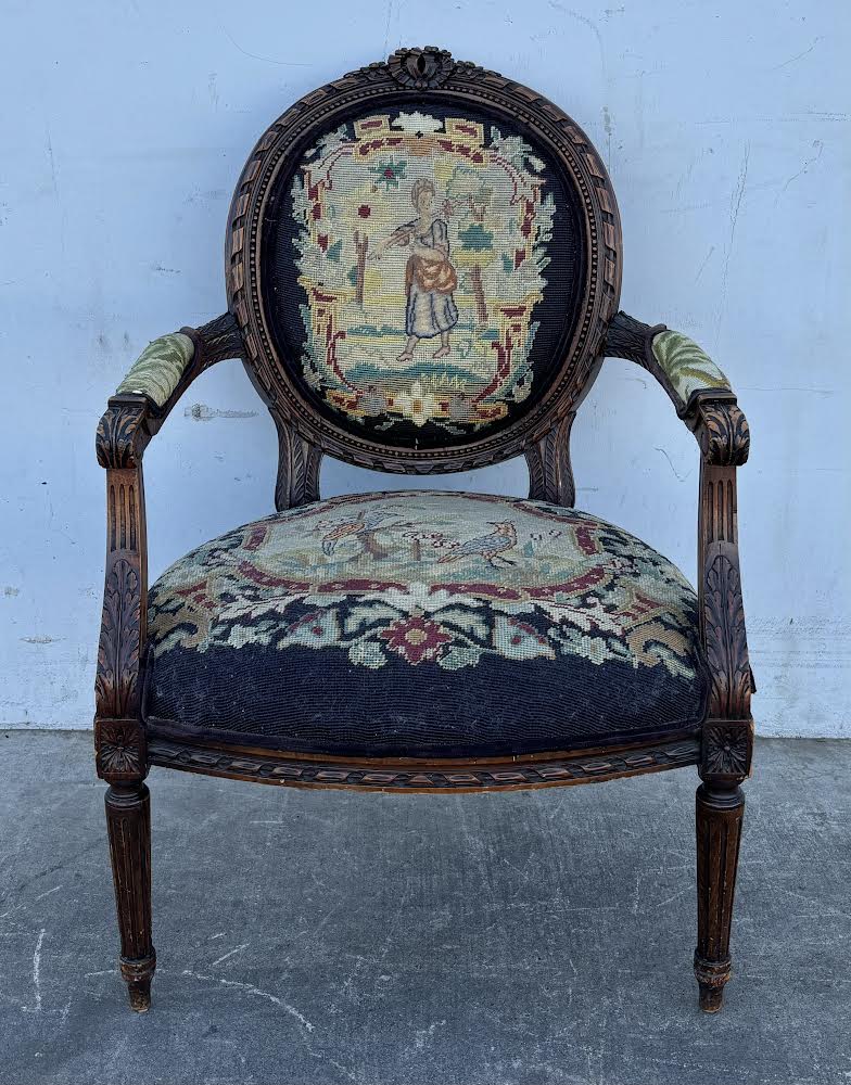 ANTIQUE LATE 19TH CENTURY LOUIS XVI STYLE W/ NEEDLEPOINT UPHOLSTERY armchair