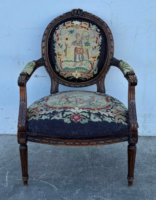 ANTIQUE LATE 19TH CENTURY LOUIS XVI STYLE W/ NEEDLEPOINT UPHOLSTERY armchair