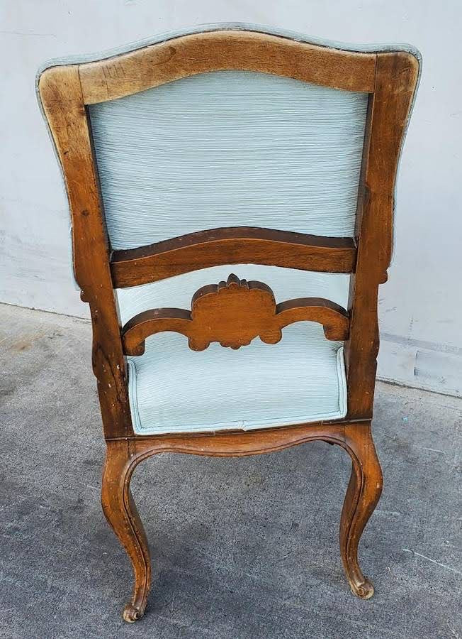 Antique/vintage carved wood light blue cushion side chair