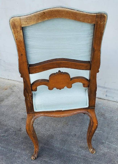 Antique/vintage carved wood light blue cushion side chair