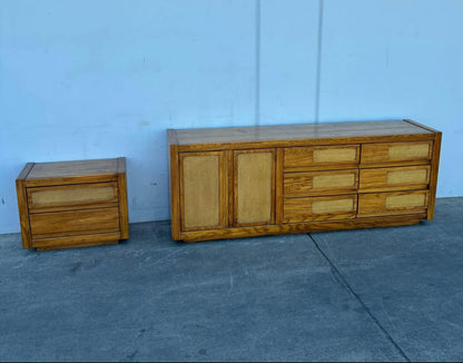 Vintage Cane & Oak Dresser with side Table