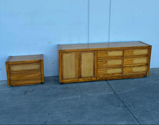 Vintage Cane & Oak Dresser with side Table