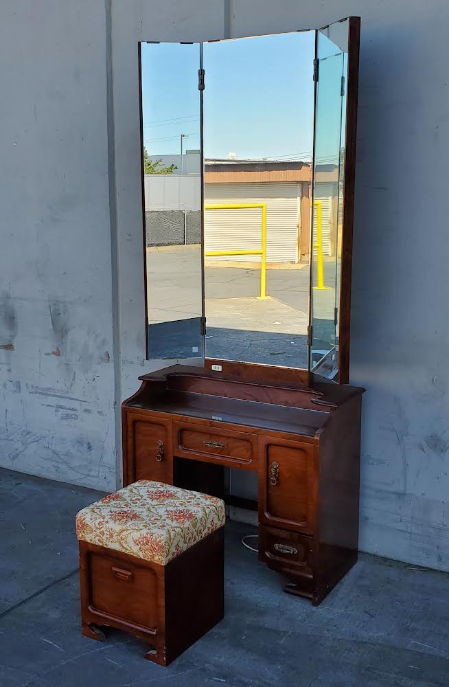antique/vintage vanity dresser/table tri-fold mirror with stool