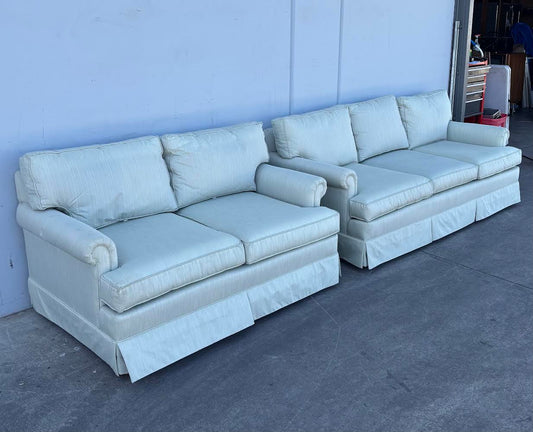Cavalier Mist Color Two Rolled Arm Skirted Sofas