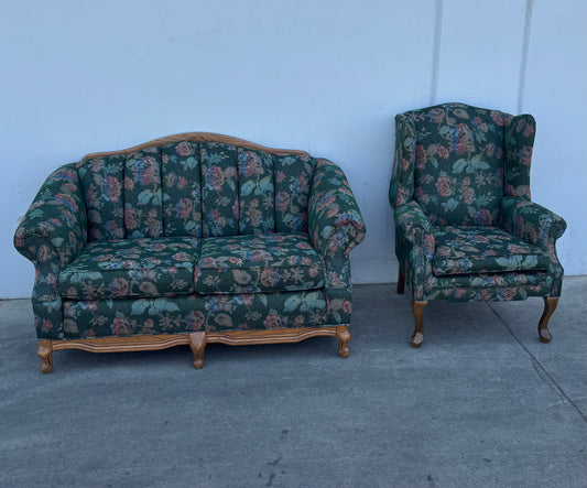 Vintage Green Floral Upholstered Sofa and Armchair