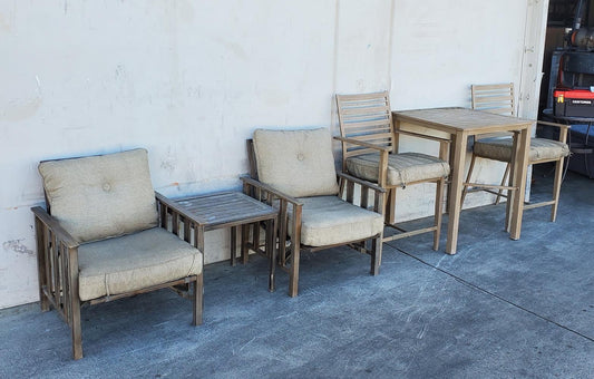 orchard patio set wood bistro/bar table with 2 chairs and end/side table with 2 armchairs