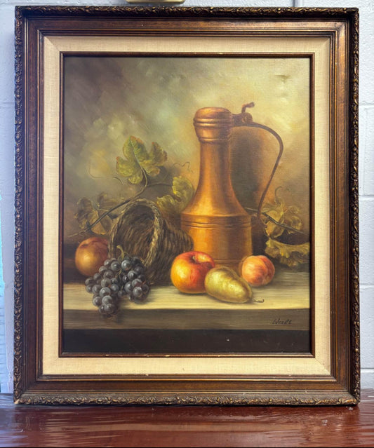 Vintage Oil painting Still Life Vase With Basket Of Fruit Signed by “Walt”
