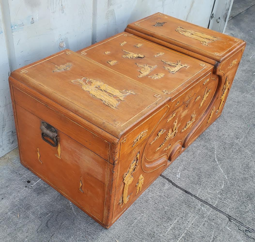 Asian style chest/trunk light wood carved camphor seaman’s antique/vintage