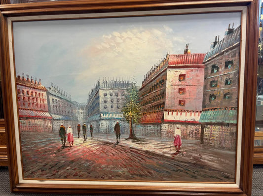 Large Vintage Paris France Signed,Oil Painting on Canvas Ornate Gold Wood Frame