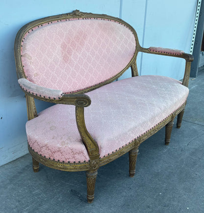 French Louis XVI style pink sofa carved