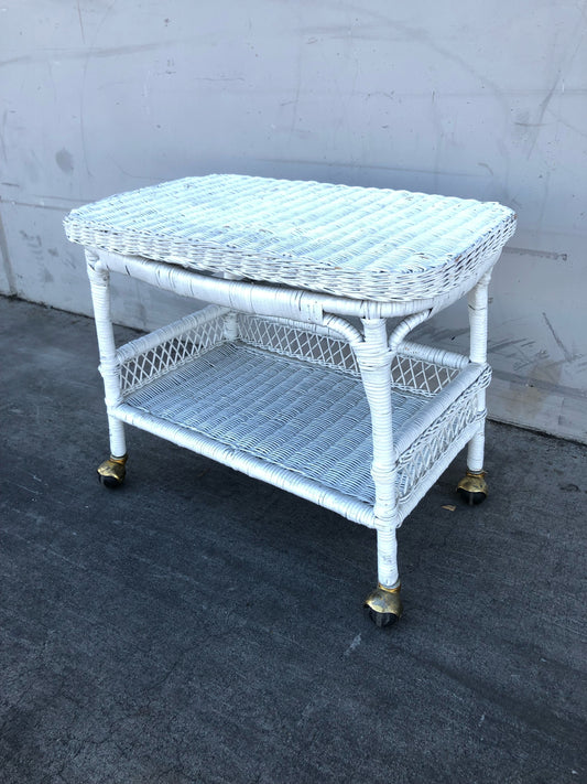 white wicker/cane/rattan  end /side table/ bar cart/serving trolley on wheels