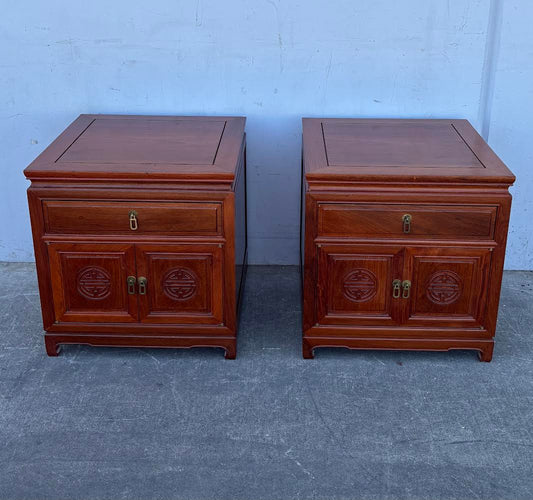 Mid 20th Century Pair Asian Rosewood Chinoiserie Nightstands