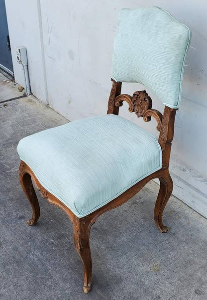 Antique/vintage carved wood light blue cushion side chair