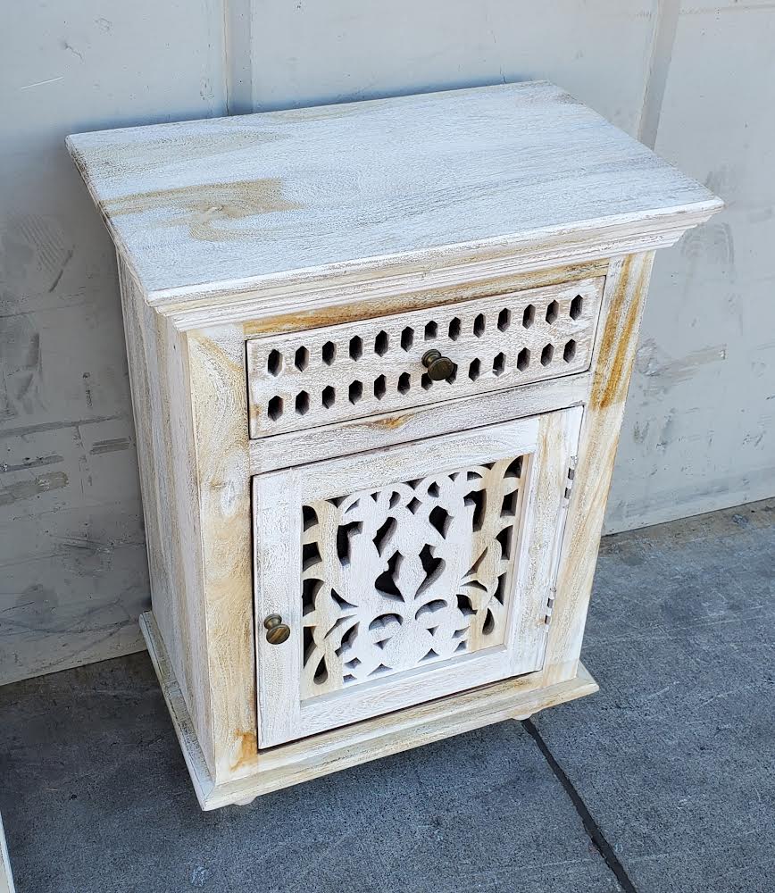 White/off white distressed nightstand/bedside table/cabinet carved wood