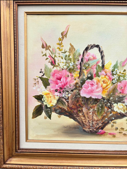 Vintage Oil Painting Basket of Flowers Signed