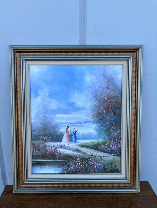 Vintage Signed Oil Painting Victorian Beach Scene