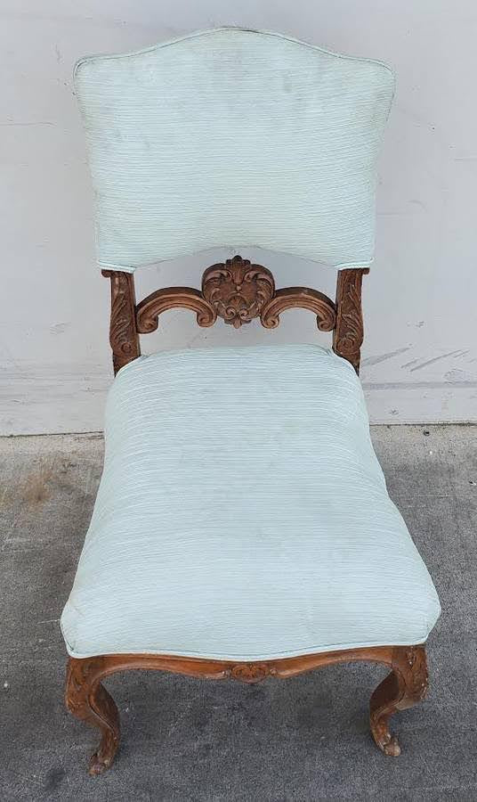 Antique/vintage carved wood light blue cushion side chair