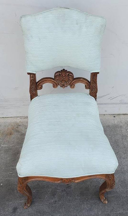 Antique/vintage carved wood light blue cushion side chair