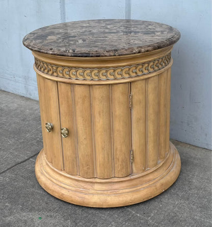 Cream Antiqued White Italian Neoclassical Tuscan Style Round Accent Storage End Table GraniteTop