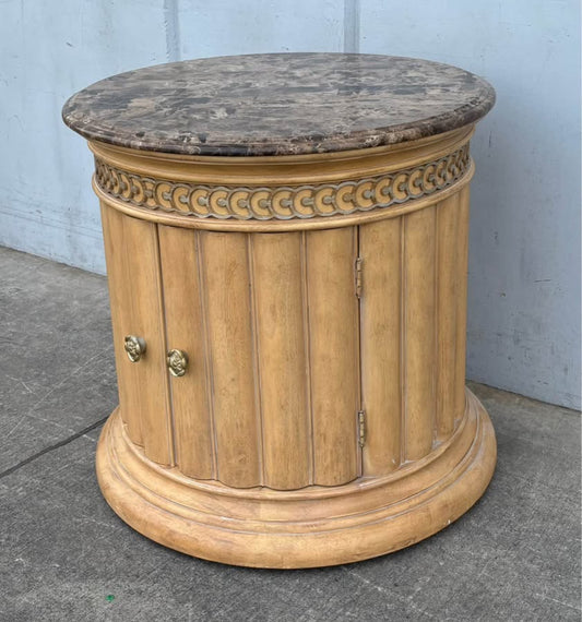 Cream Antiqued White Italian Neoclassical Tuscan Style Round Accent Storage End Table GraniteTop