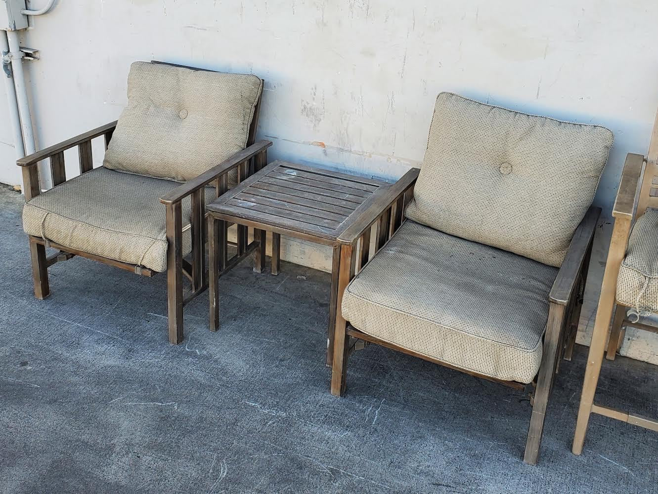 orchard patio set wood bistro/bar table with 2 chairs and end/side table with 2 armchairs